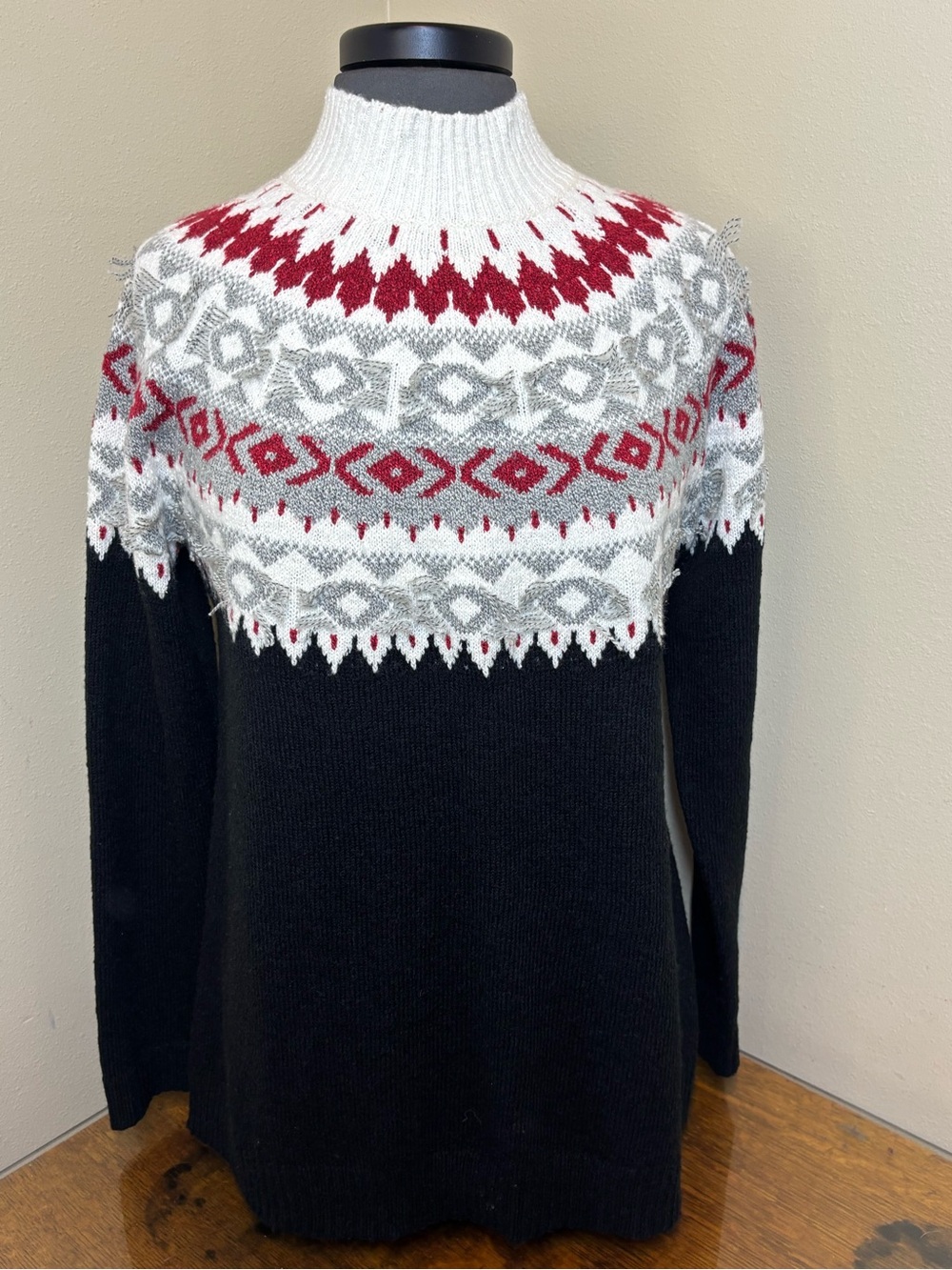 J.Jill women’s Black Fair Isle Knit Sweater with Red and Gray Yoke, Medium